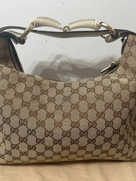 Gucci Handbags - Gucci GG Canvas Large Horsebit Hobo Ivory White Leather Trim Silver Hardware